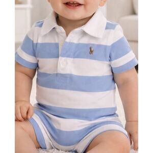 Ralph Lauren Baby Polo Romper Blue White Stripe Pony Logo Short Sleeve 9M Infant